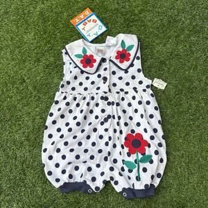NWT Vtg Day Sportswear Baby‎ Bubble Romper 12M Polka Dot Flower Romper White Blk